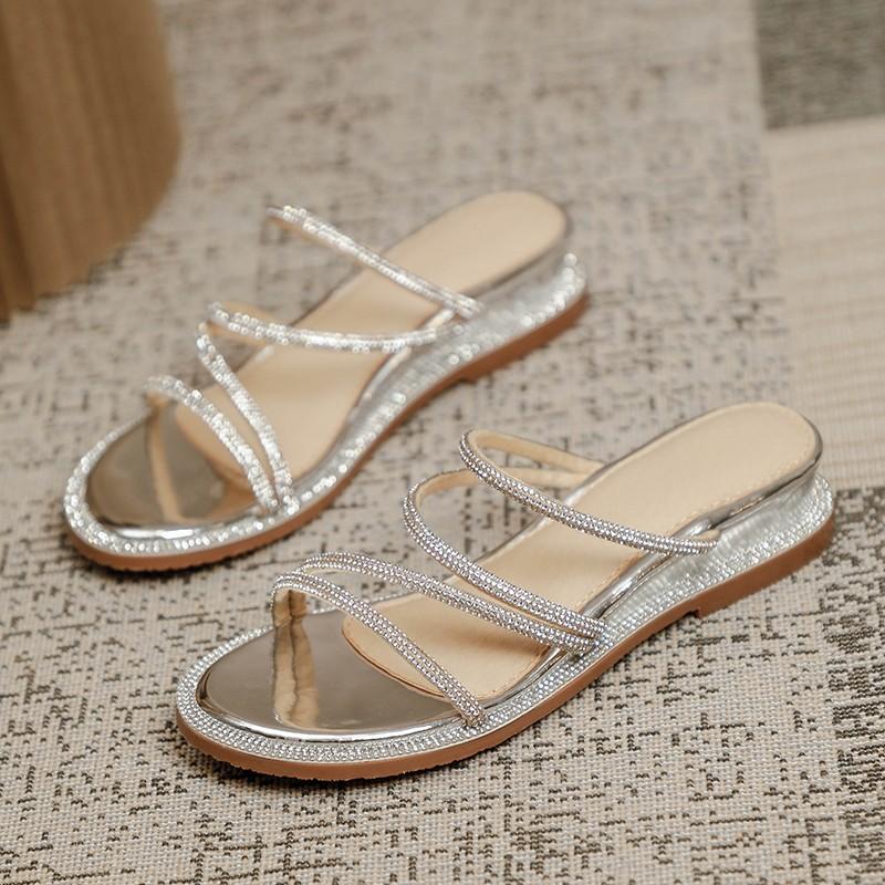 

Flat Sandals Summer New Round Head Open Toe Crystal Fine with Soft Sole Anti-slip Wear-resistant Low Heel Slippers 40 серебряный
