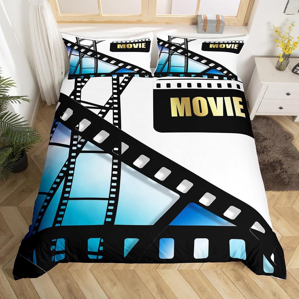 Movie Themed Bedding Set Full Queen for Boys Girls Family Home Theater Decor Vintage Comforter Cover Film Theme Duvet Cover Set