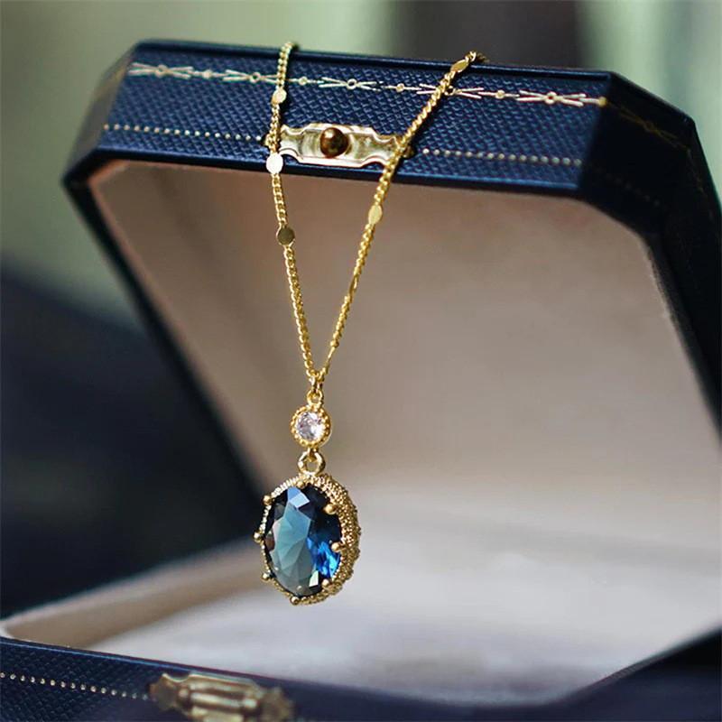 

925 Sterling Silver Oval Blue Stone Pendant Necklace Gorgeous Wedding Bridal Accessories Gift Fashion Jewelry for Women