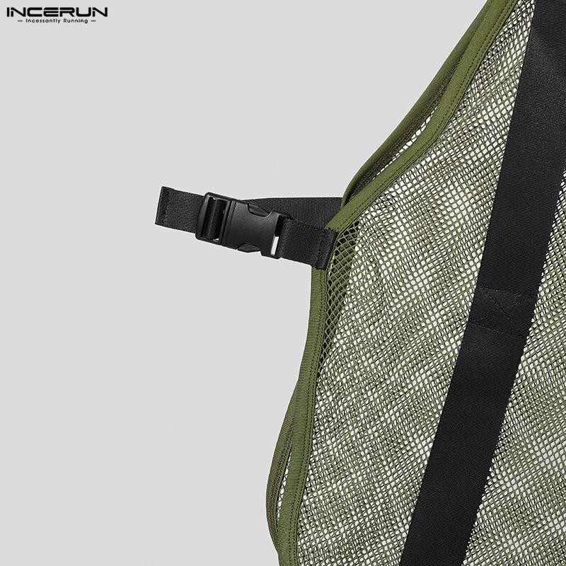 INCERUN Men Summer Sleeveless Mesh See Through Stitching Long Tank Tops