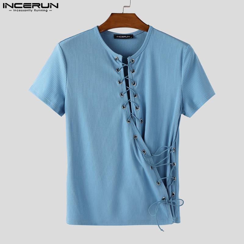 INCERUN Men Short Sleeve Side Lace-up Casual Fitted Rib T-shirts Tops
