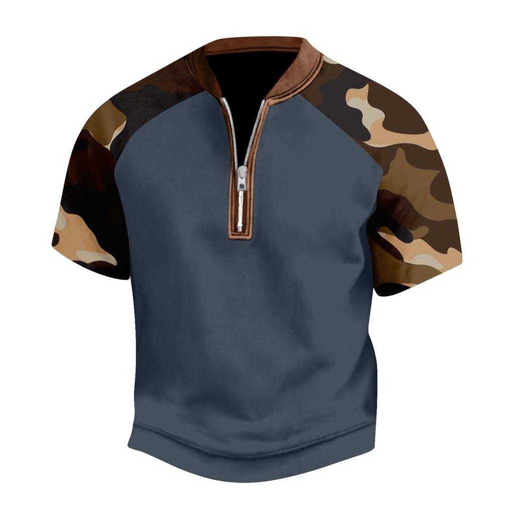 Men's Summer Camouflage Color Casual T-shirt Sports Breathable Zipper Collar Top