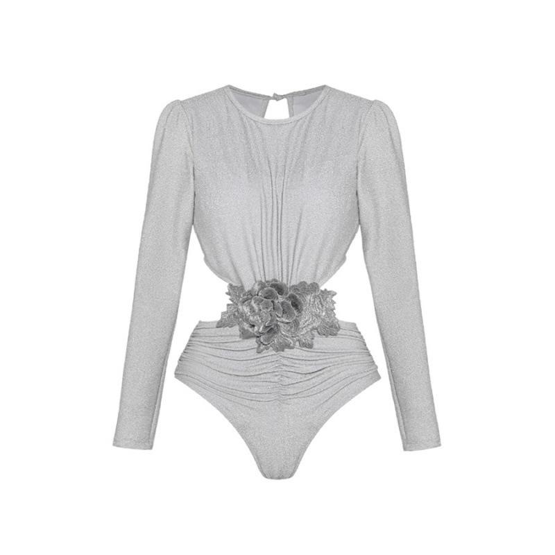 Jednokolorowy Błyszczący Kostium Kąpielowy Jednoczęściowy z Wycięciami i Długim Rękawem 2023 - Nowy Styl Europejski i Amerykański