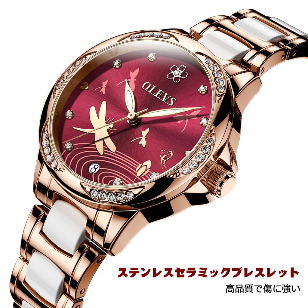 RORIOS Cute and Stylish Mechanical Automatic Watch with Dragonfly Luminous Hollow Ceramic Business Red Women's Watch, Decoration, Band, Watch,