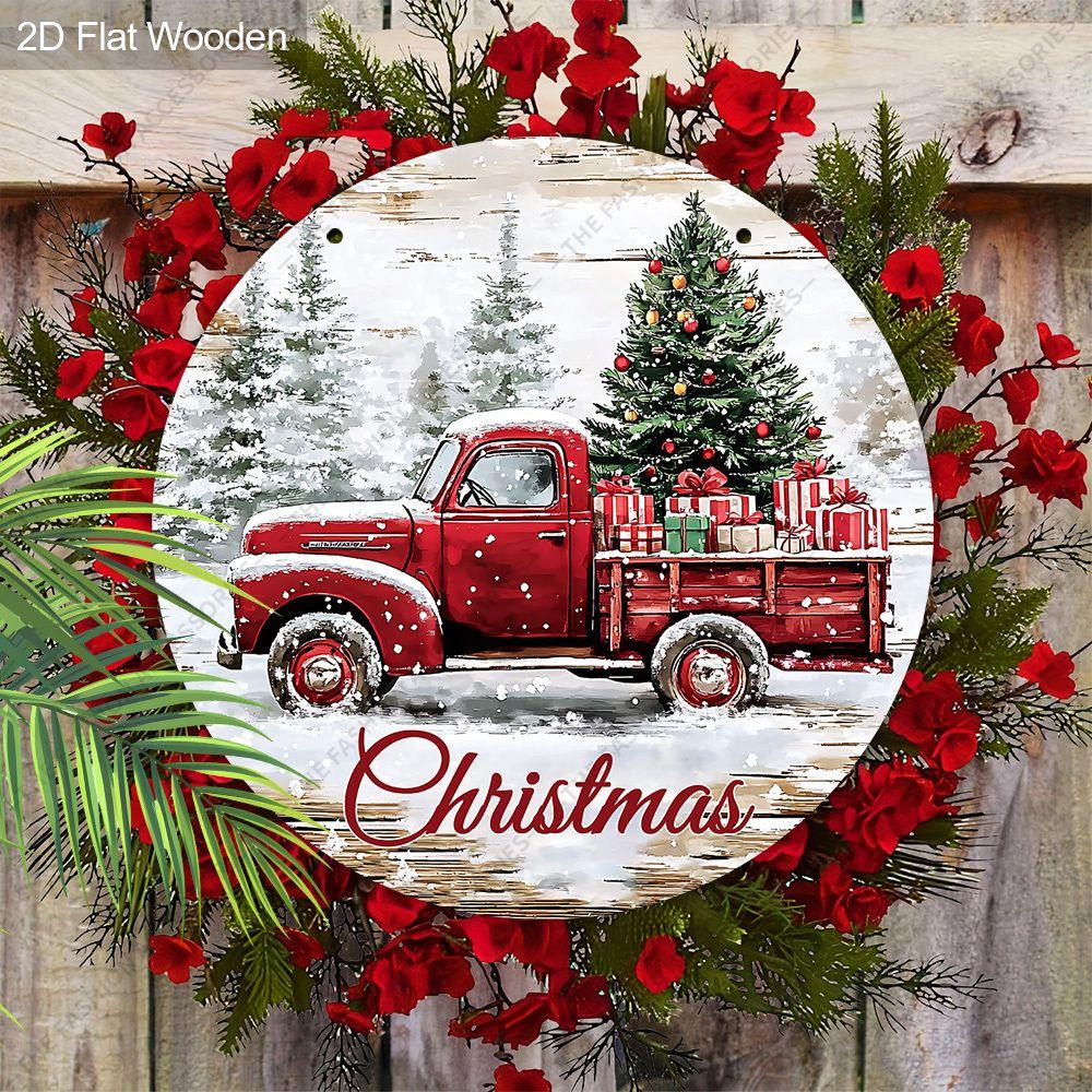 Vintage Red Truck Christmas Tree Round Wooden Hanging Sign, 2D Printed Xmas Front Door Wall Ornament