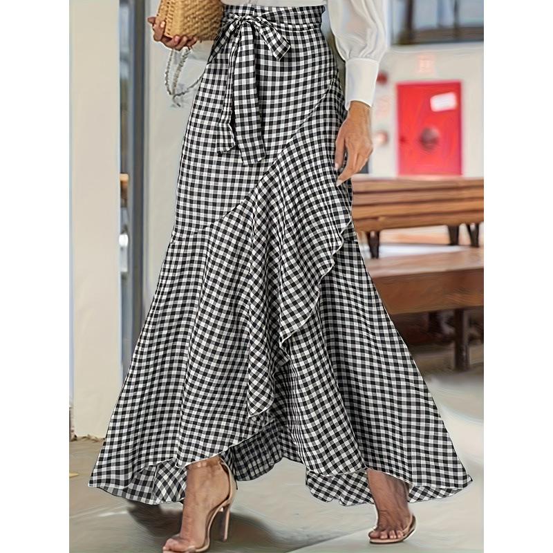 European and American Plaid High-Waisted Lace-up Ruffle Hem Asymmetrical Skirt
