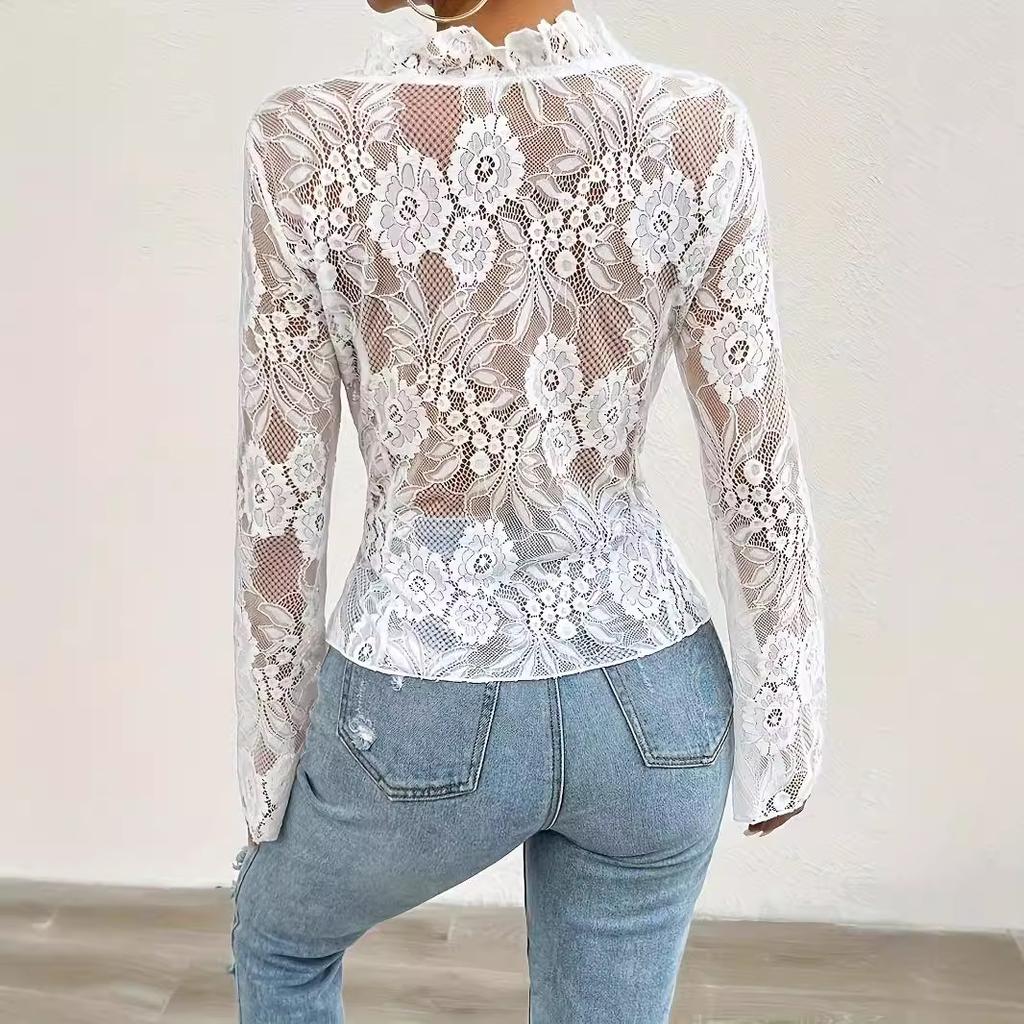 Spring and Summer Women's Sexy Slim Lace V-Neck Cardigan Long Sleeve