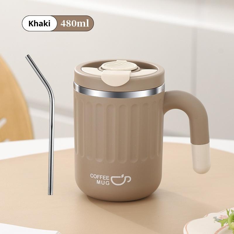 

480ML Leakproof Thermo Mug with Handle 304 Stainless Steel Coffee Mug with Straw Double Wall Vacuum Water Cup Travel Milk Cup 480ML хакі
