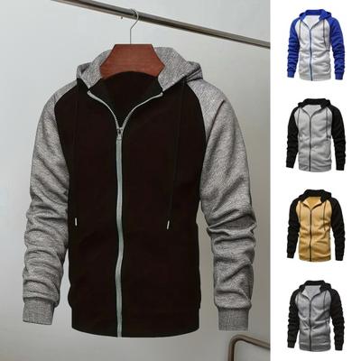 Men Hoodie Coat Contrasting Color Hooded Drawstring Zip-up Long Sleeves Pockets Plush Stretchy Hem