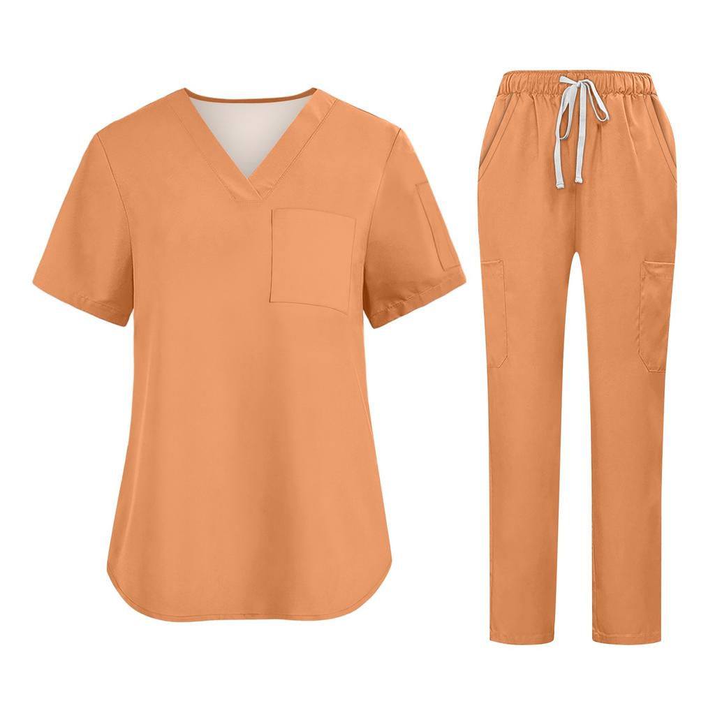 Soild Scrub Working Uniform Suit For Women's Cross V-Neck Short Sleeve Fun T-Shirts Workwear Tee With Pockets