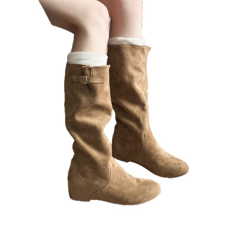 Fransk mocka inre höjdökning 2025 höst och vinter nya damers liten fyrkantig tå matt retro men knähöga cowboy westernstövlar dam