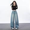 Spring Summer Vintage Multi Rivet High Waist Slim Saber Cut Wide Leg Straight Denim Pants For Women Casual Pants Oversize Denim Trousers