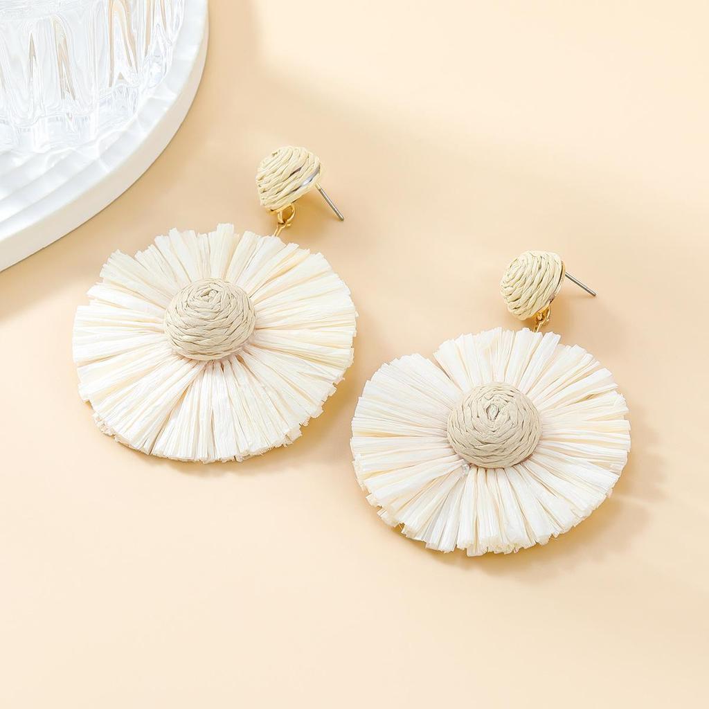 Bohemian Round Floral Woven Raffia Earrings for Women