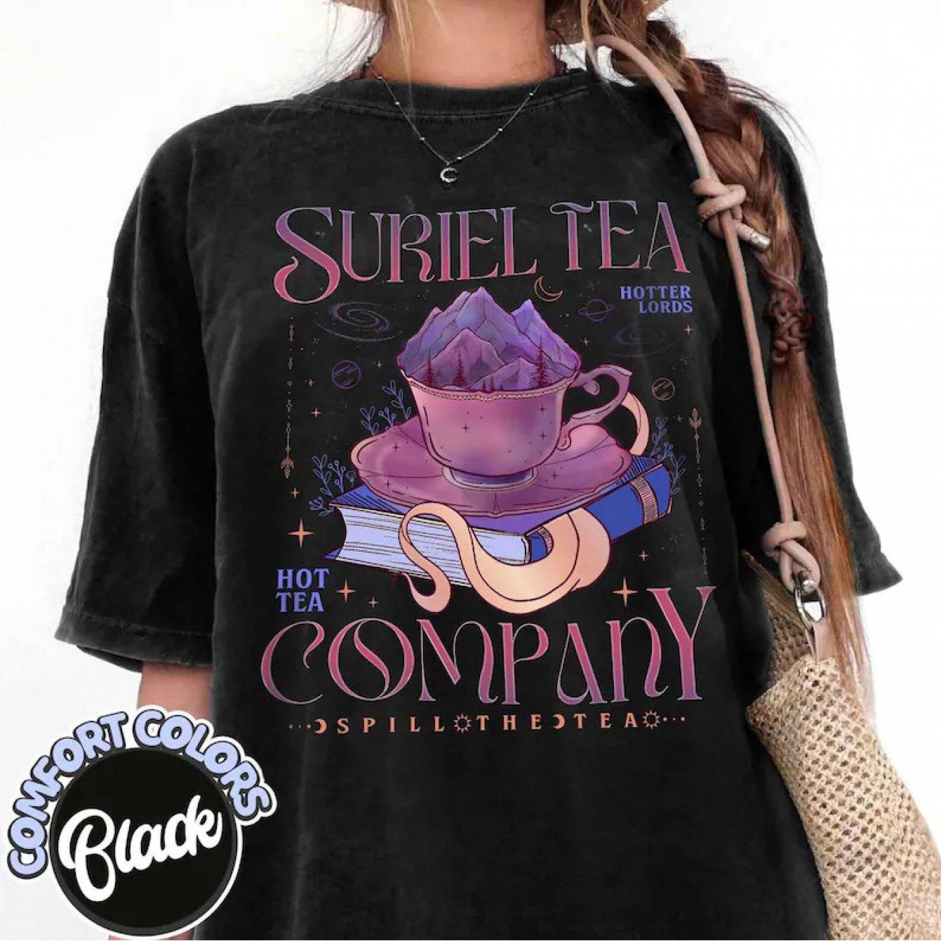 Suriel Tea Co Womens Booktok Graphic Tshirt The Court of Attraction and Rose Inspired Soft Black Shirt with Purple Teacup S