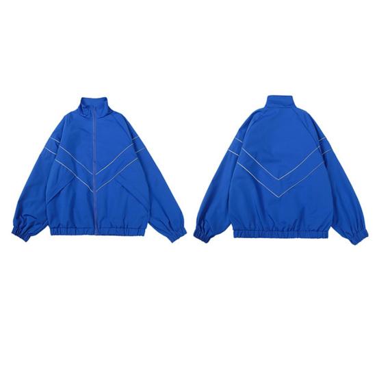 Men Spring Autumn Jacket Coat Stand Collar Long Sleeve Solid Color Reflective Striped Jacket Streetwear