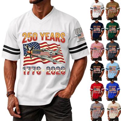 Men’s V Neck Short Sleeve Sports T Shirt Casual Fit with 250 Years Independence Day Print and Striped Sleeve Design for Athletic Outdoor Wear