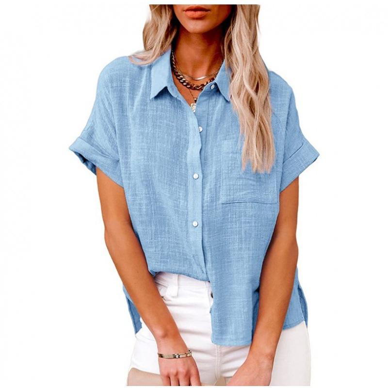 Frauen Sommer Einfarbig Baumwolle Leinen Shirts Revers Kurzarm Button Up Unregelmäßige Tasche Blau Weißes Hemd