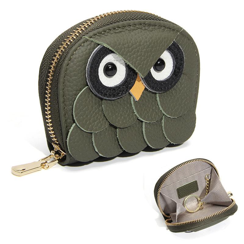 Vintage Echte Lederen Uil Portemonneetje, Schattige Dierenvorm Mini Portemonnee met Rits, Mode Portemonneetje voor Dames Meisjes