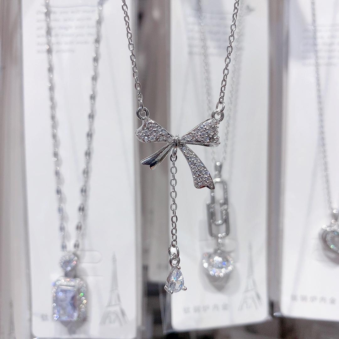 Full Diamond Bow Tassel Necklace Female Niche Design High-end Titanium Steel Necklace Fashion Light Luxury Versatile Necklace