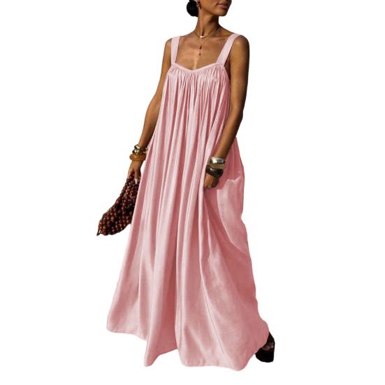 Women Summer Dress Sleeveless Spaghetti Strap Pleated Maxi Dress Beach Vacation Loose Flowy Sundress
