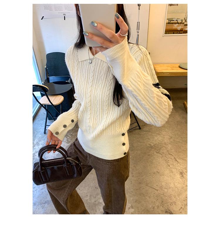 European Dark Blue Striped Lapel Sweater for Women - Spring/Autumn 2026 Cable Knit Top