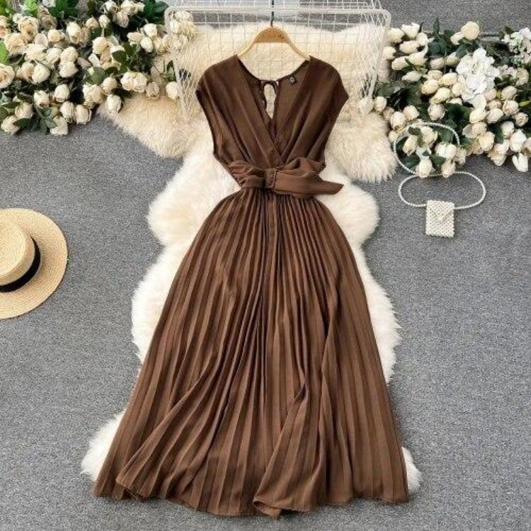 Sommer Neues Französisches Chic Maxikleid Damen V-Ausschnitt Ärmellos Schnürung A-Linie Falten Damenkleider Damen