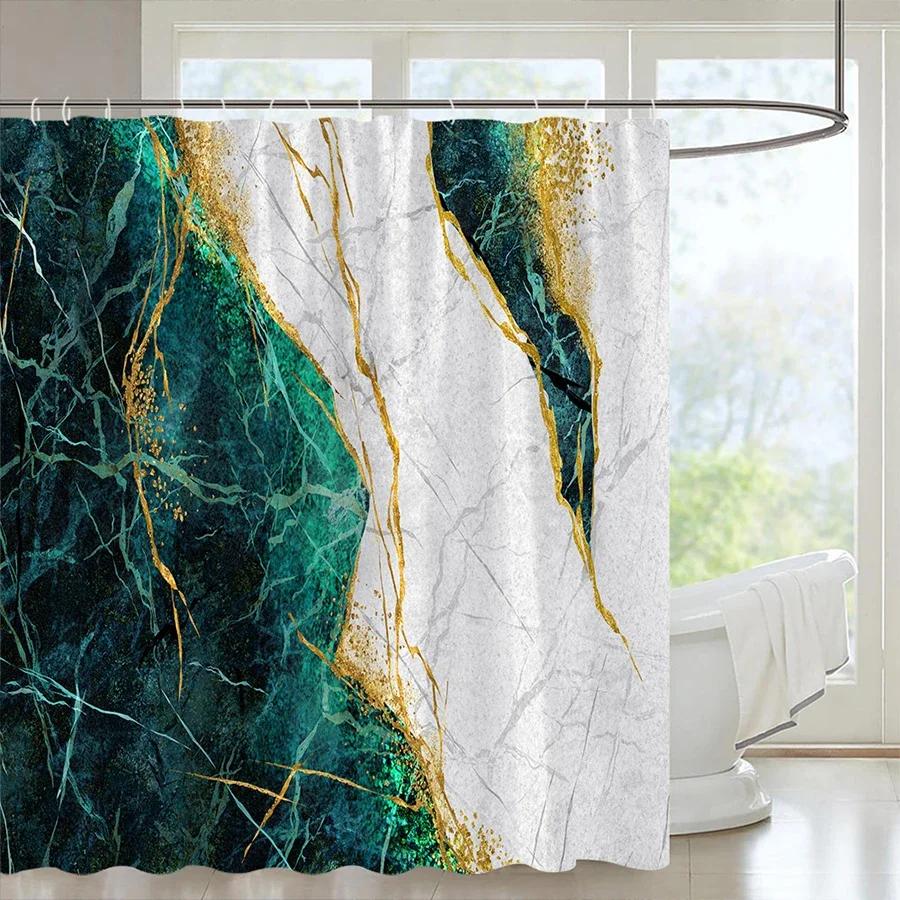 Black Gold Marble Crack Bathroom Shower Curtain Luxury Abstract Deco Textured Geode Art Polyester Fabric Hooks Bath Curtain Set