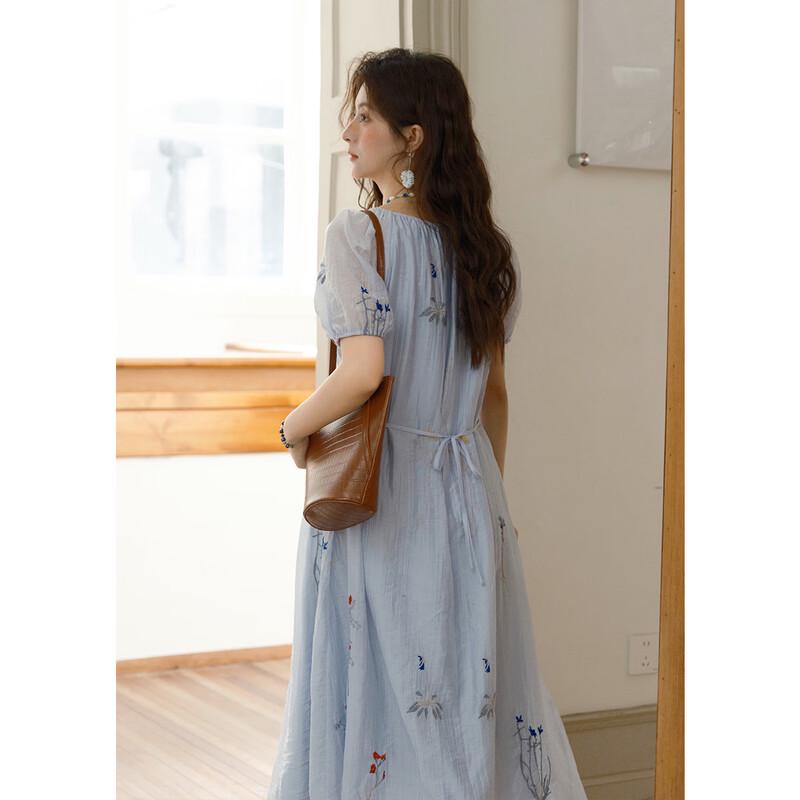 Meixiu French Botanical Embroidery Lyocell Tie-Sleeve Long Dress