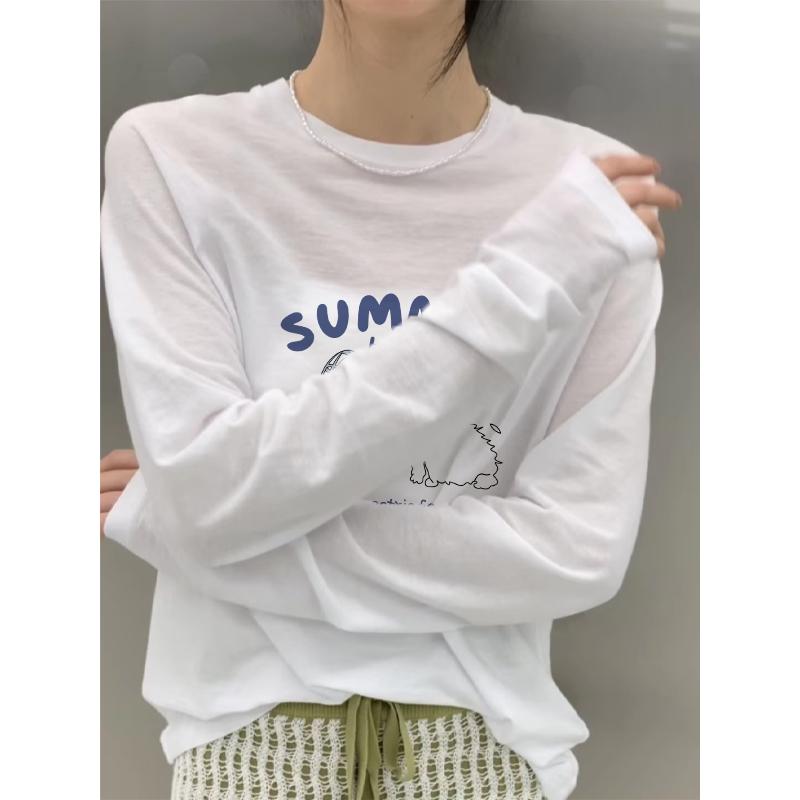 

2025 European Style Women s White Long-Sleeved Cotton T-Shirt with Velvet, Spring Design. XL 126-140 lbs