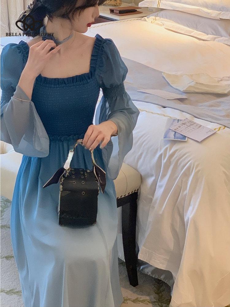 French Vintage Midi Dress Women Long Sleeve Casual Party Elegant Dress Blue Spring Beach One Piece Dress Korean Fashion