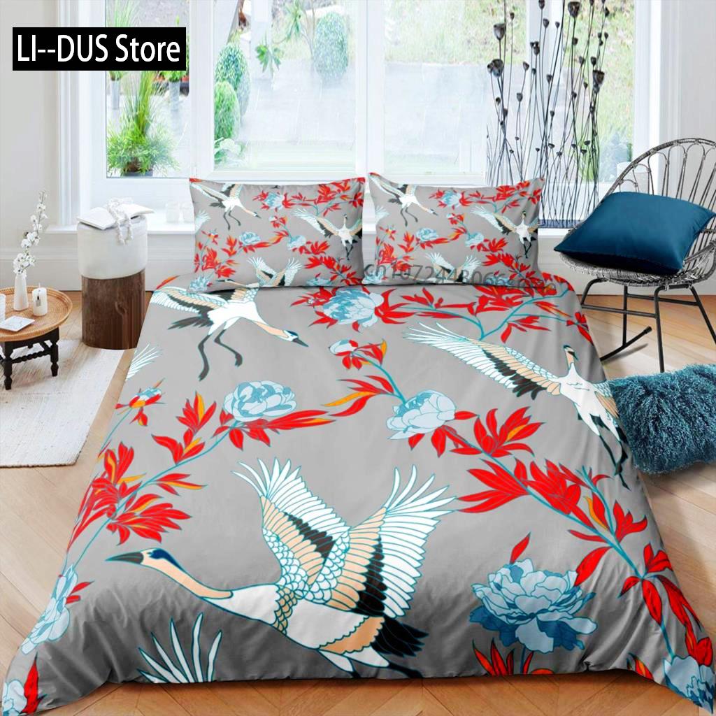 Comforter Crane Queen Size Japanese-Style Bedding Set Cherry Blossoms Pattern Women Girls Japanese Traditional