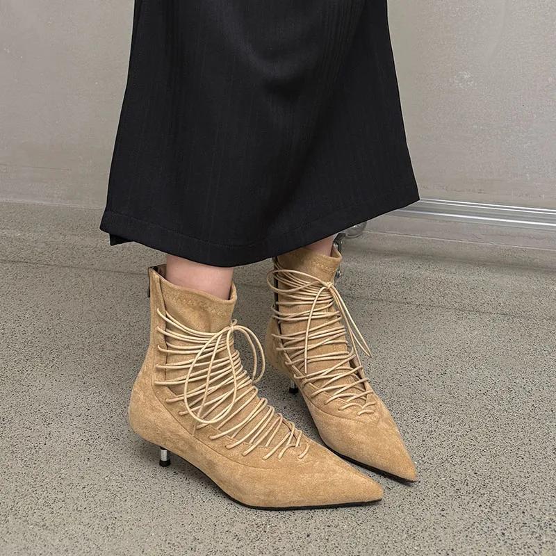Fashion Fashion Pointed Toe Lace Up Ankle Boots Women High Quality Faux Suede Kitten Heel Designer Boot Comfort Back Zipper Modern Boots