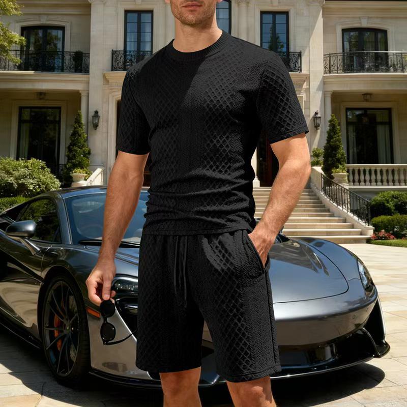 Men's Summer Jacquard 2-Piece Set: Round Neck Tee and Drawstring Shorts