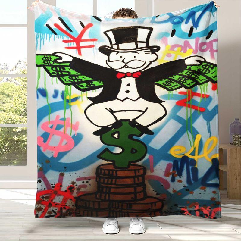 Cartoon Monopoly Dollar Game Flannel Blanket,Ultra Soft Warm Plush Throw for Home Bedroom Bed Sofa Cover Office Camping Picnic
