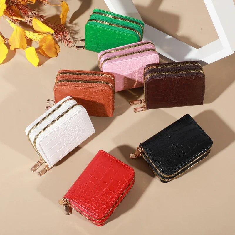 Elegante cartera multitarjetas para mujer - Cartera de mano con doble cremallera | Monedero informal de piel sintética con elegante tarjetero de cocodrilo