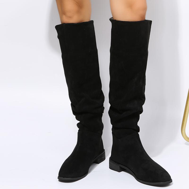 Women's Wrinkle Knee High Boots Autumn New Plus Size Flock Chunky Heel Thigh High Boots for Women Outdoor Casual Ladies Shoes