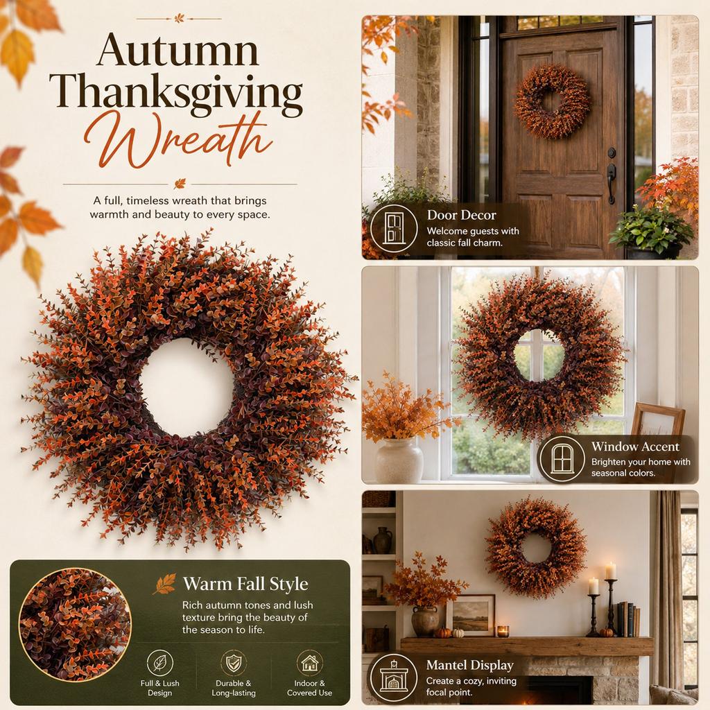Couronne de Thanksgiving avec Feuilles de Buis pour Porte d'Entrée Décoration de Maison