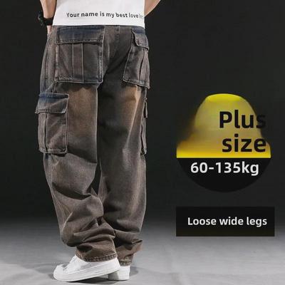 Men's American-Style Multi-Pocket Wide-Leg Loose Workwear Jeans, Large Size