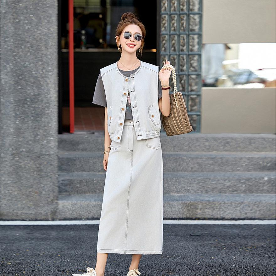 

Модный джинсовый рабочий жилет с юбкой, женский летний новый, уличный, уменьшающий возраст, юбка-тройка XXL