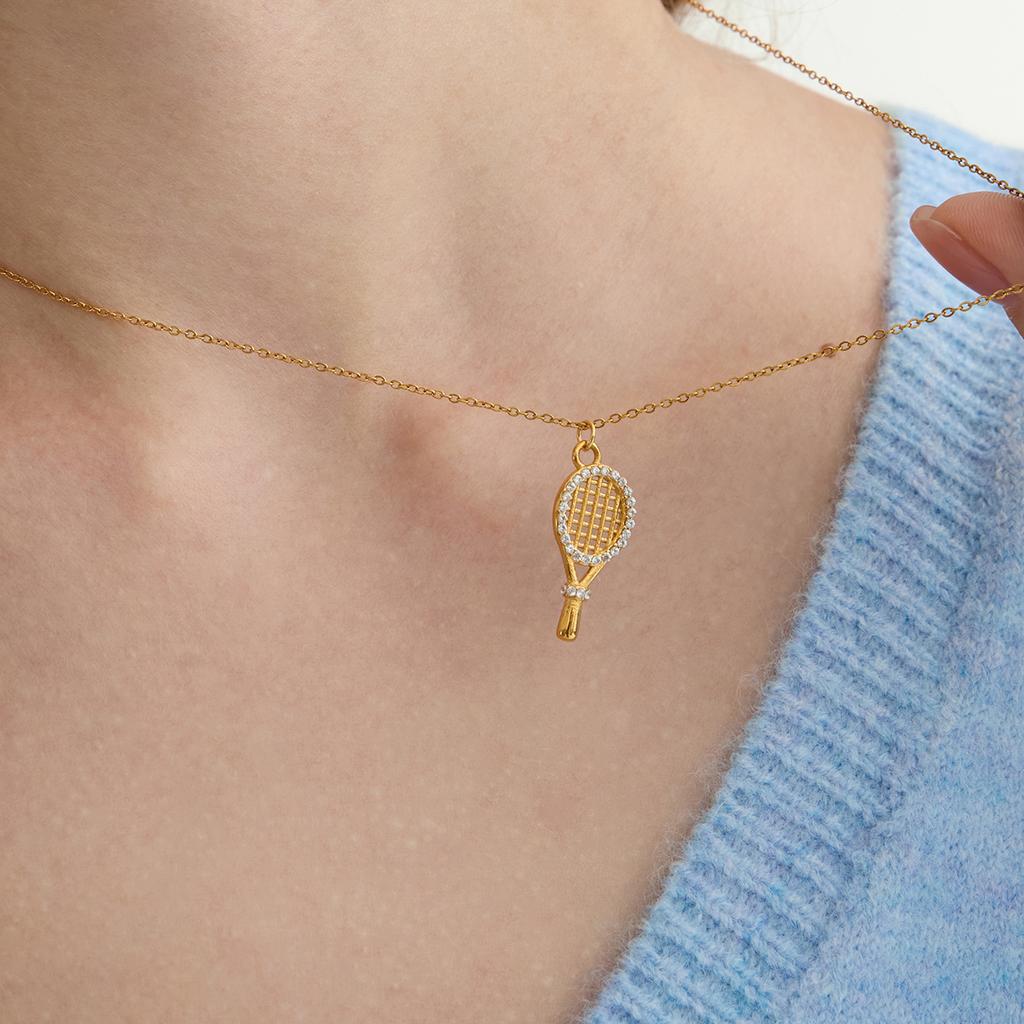 Youthway Zircon Tennis Racket Pendant Necklace For Women Minimalist  Gold Plated Stainless Steel Necklace Fashion Jewelry