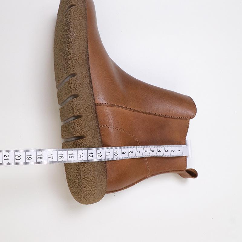 Johnature Genuine Leather Women's Short Boots Retro Side Zipper Round Toe Flat Chelsea Boots