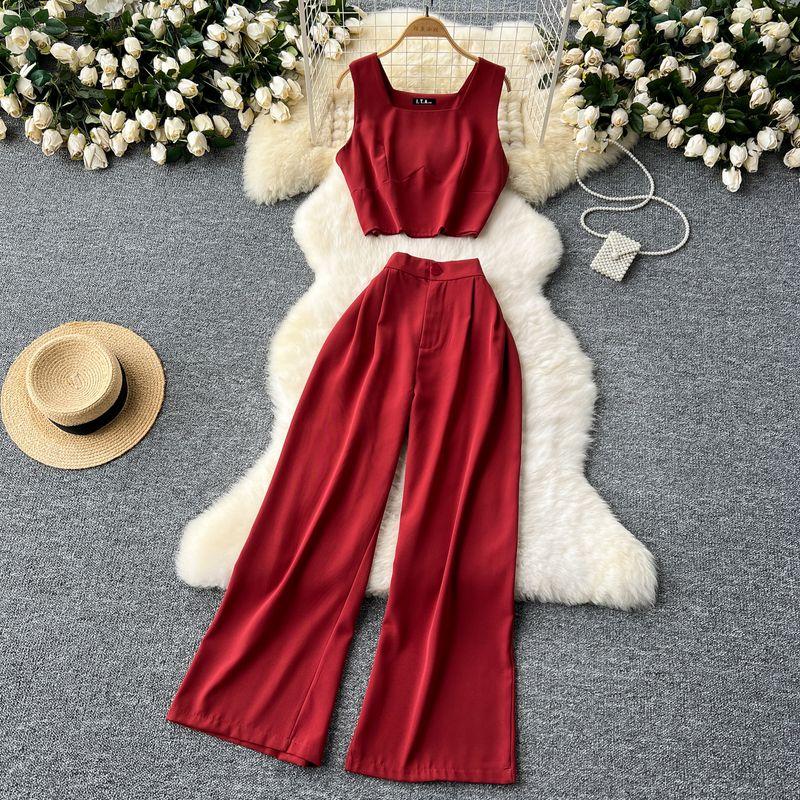 Fashion Niche Style Anti-Aging Outfits Women's Short Crop Top Sleeveless Vest Tops + High Waist Wide Leg Leisure Suit Pants