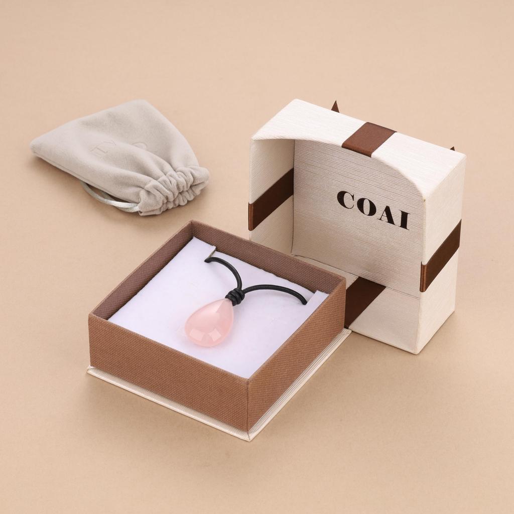 Rose Quartz Teardrop Love Charm Leather Necklace for Men and Women [KOAI]