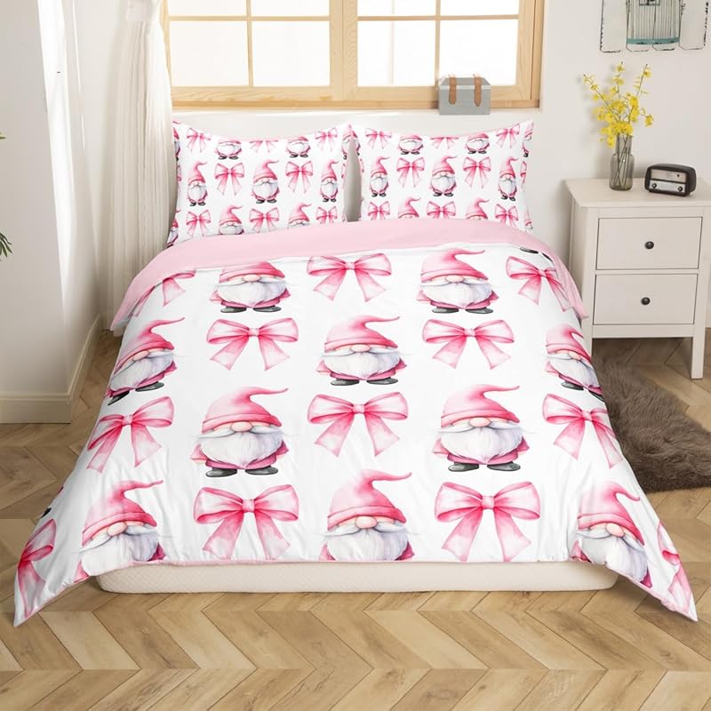 Cartoon pink bow princess bedding set, girls' bedroom decoration pink and white duvet cover, 2 pillowcases
