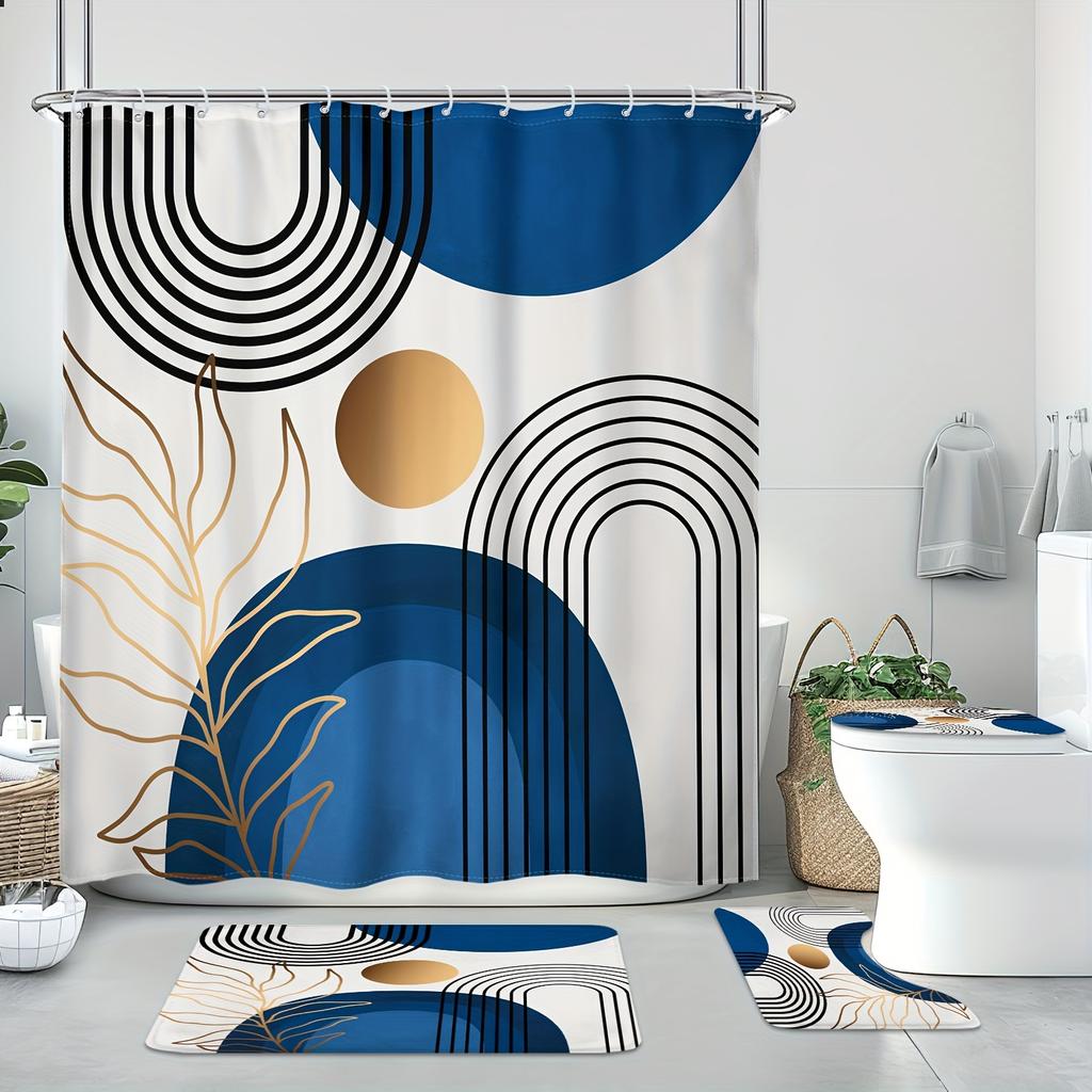 4Pcs Bathroom Shower Curtain Set Blue Mid-CenturyBathroom Curtain With 12 Hooks Non Slip Rugs Toilet Cover Mat Bathroom Partition