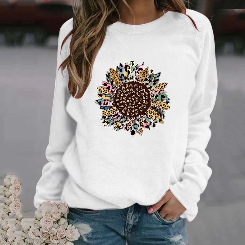 Women's Fashion Casual Print Round Neck Sweater Loose Sports Tops Pullover