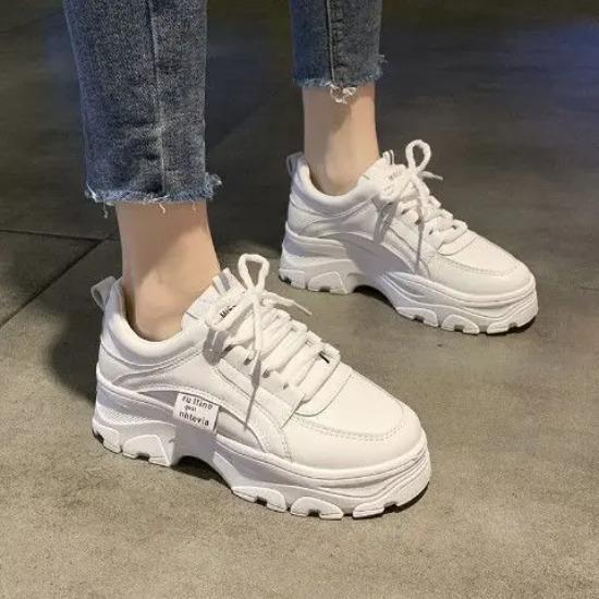 Fashion White Split Leather Women Chunky Sneakers White Shoes Lace Up Tenis Feminino  De Mujer Platform Women Casual Shoe