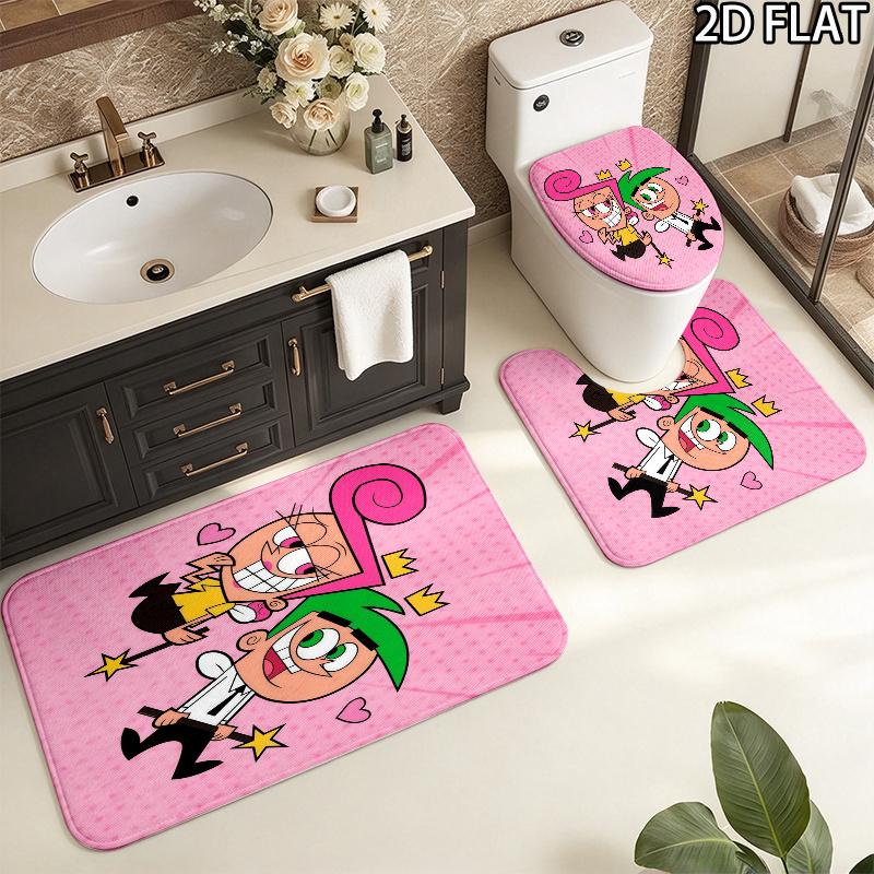 3pcs The Fairly OddParents Pattern Flannel Nonslip Absorbent Washable Decorative Bathroom Home Toilet Seat Cover Mat