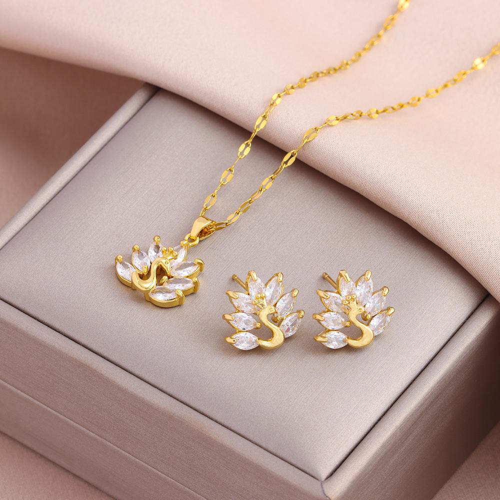 New Fashion Gold Plated Necklaces Earrings Sets For Women Female Trendy Party Jewelry Girls Daily Wear Neck Chain Earrings