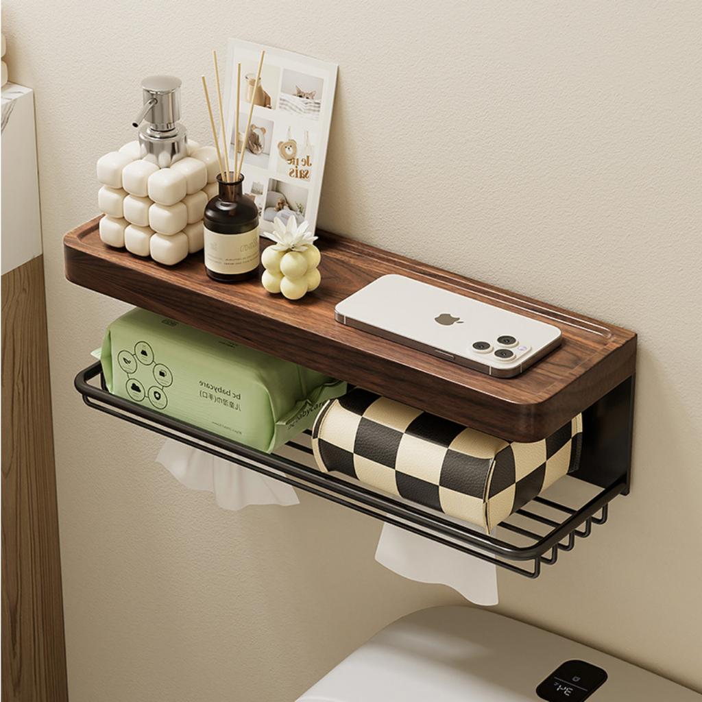 Wood Aluminum Bathroom Paper Holder with Shelf Bathroom Paper roll Holder Wall Mounted Towel Rack Toilet Paper Holder Tissue Box